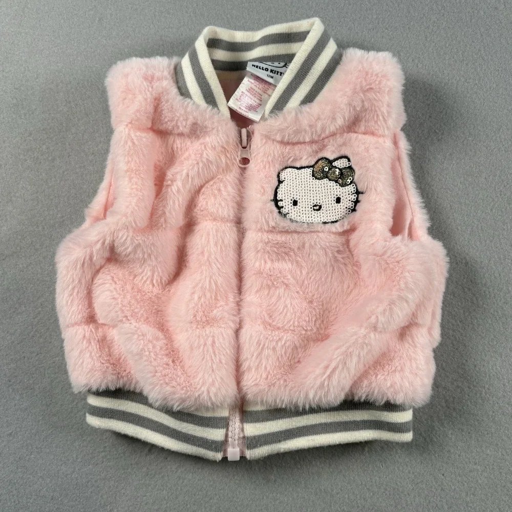 Hello‎ Kitty Vest Sanrio Pink Girls Size 12 Month Soft Fur Sequins Zipper Close